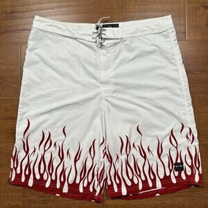 Vintage Third Rail Swim Trunks Men 38 11" White Board Shorts Flames Fire Y2K USA